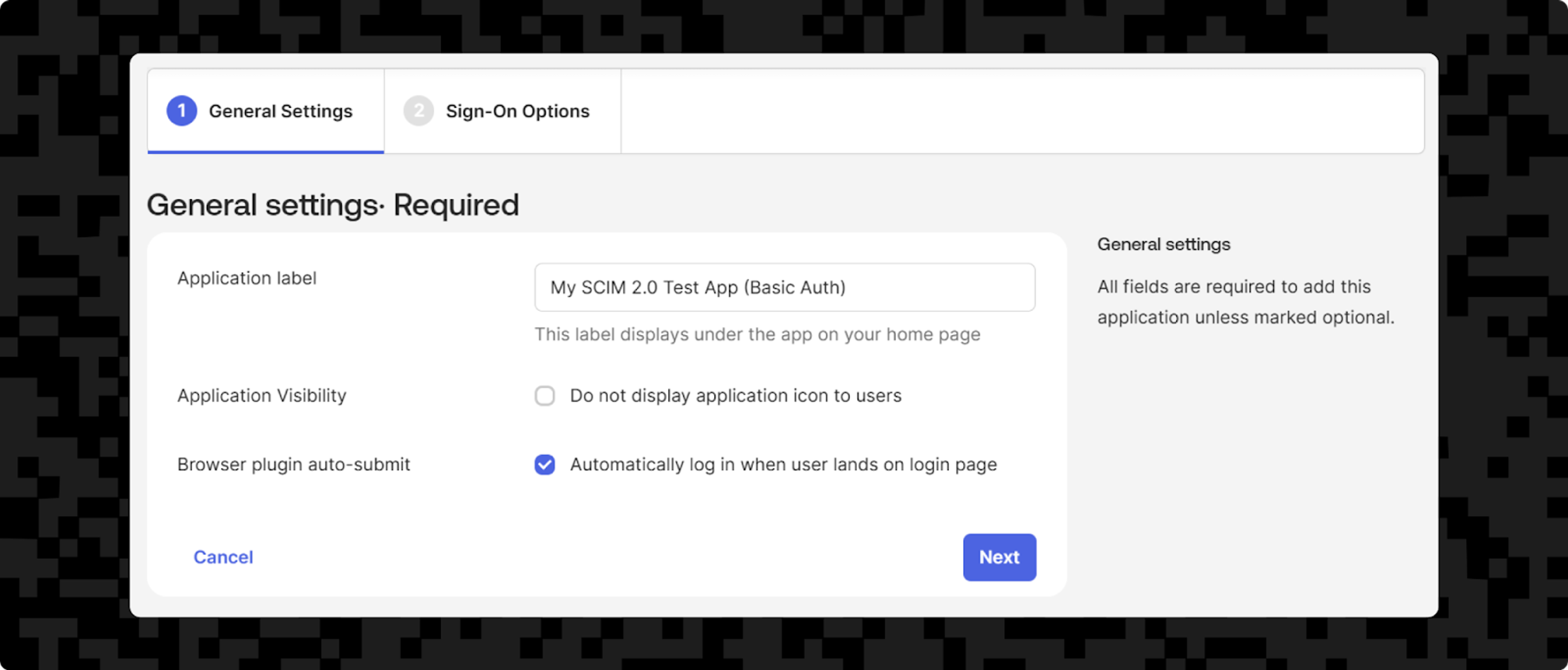 Screenshot of the "General Settings" tab in the Okta Admin Panel — seen when adding a SCIM integration