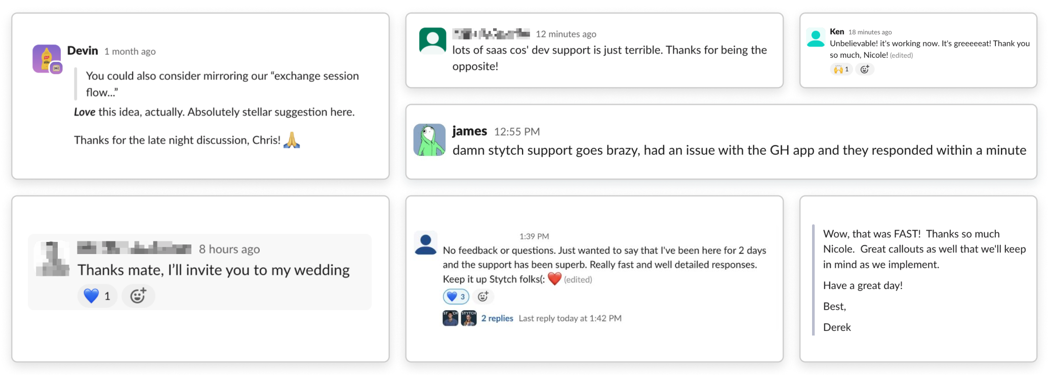 A collage of six messages praising Stytch’s developer support for its fast responses, helpful suggestions, and excellent service.