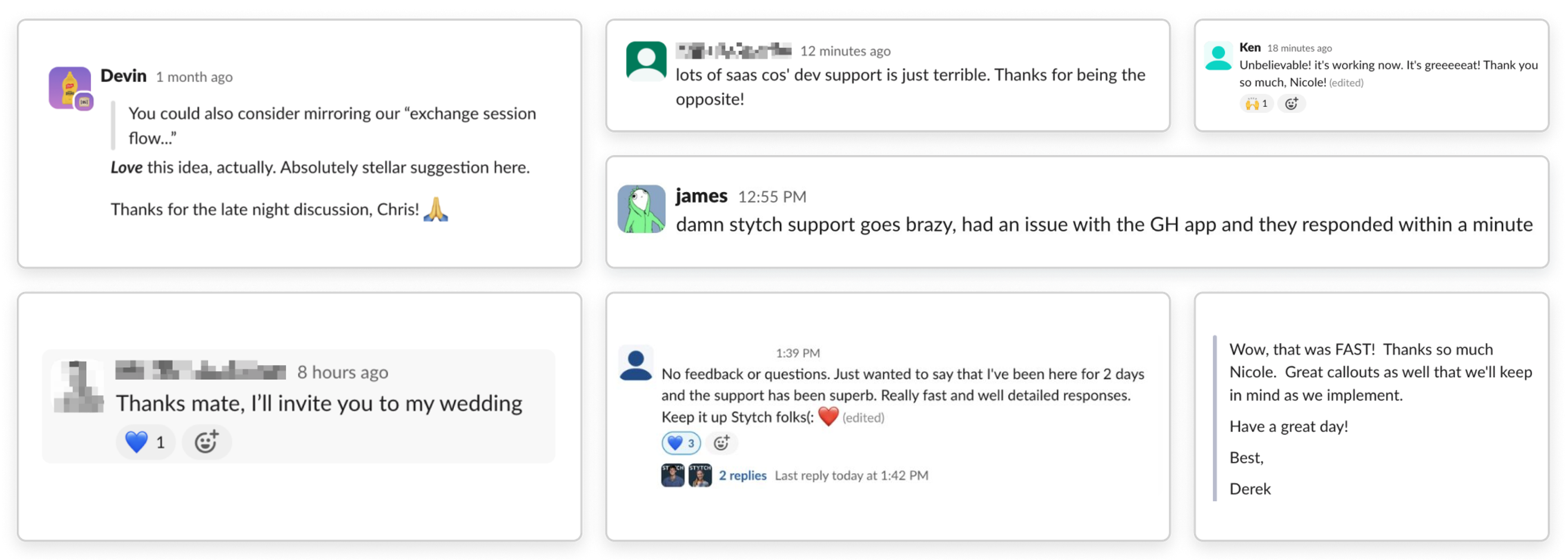 A collage of six messages praising Stytch’s developer support for its fast responses, helpful suggestions, and excellent service.