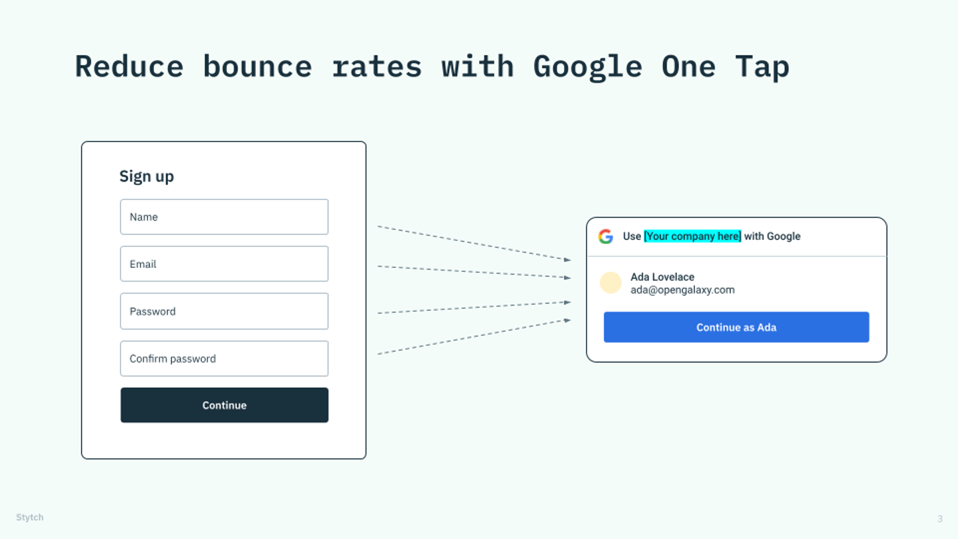 A sample Google One Tap login, which has been shown to help reduce bounce rates at signup and login