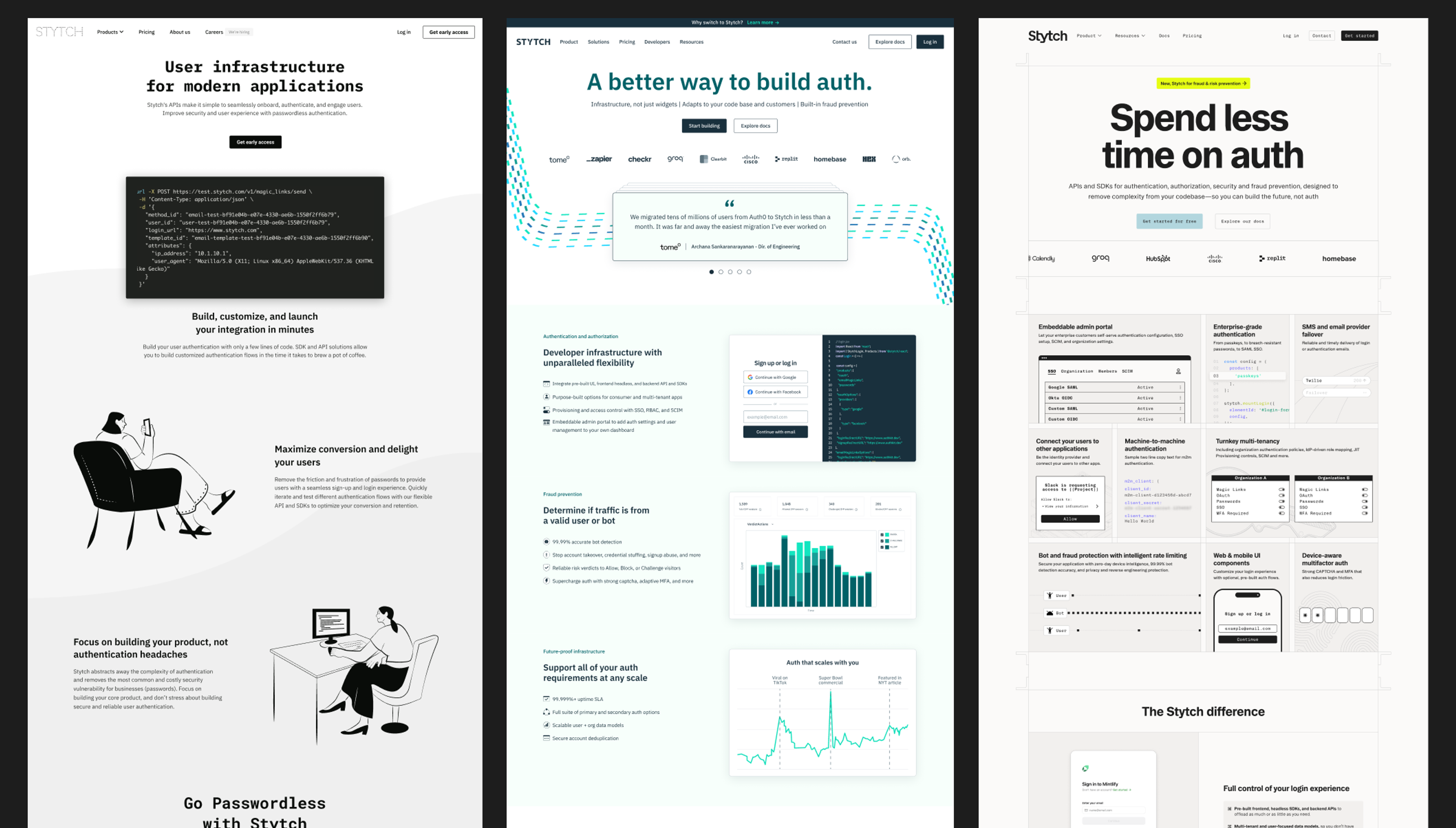 Three different home pages for Stytch