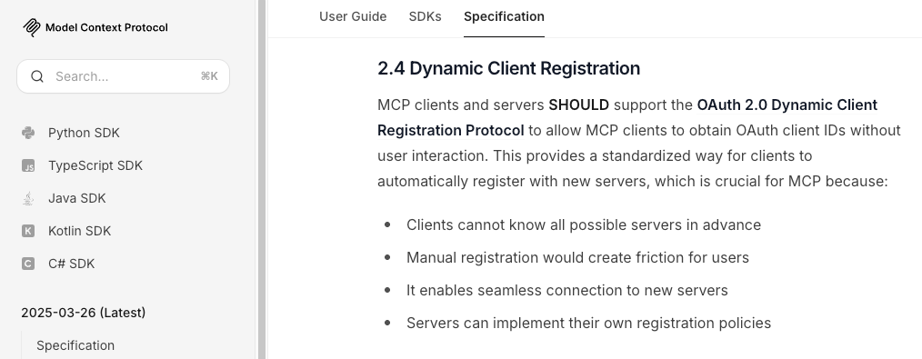 MCP specification on Dynamic Client Registration