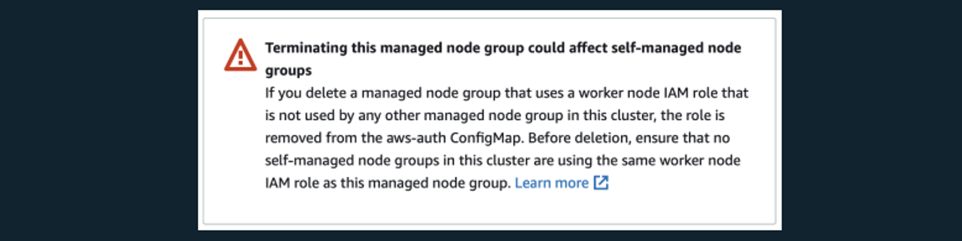 screenshot of a Warning in AWS console.