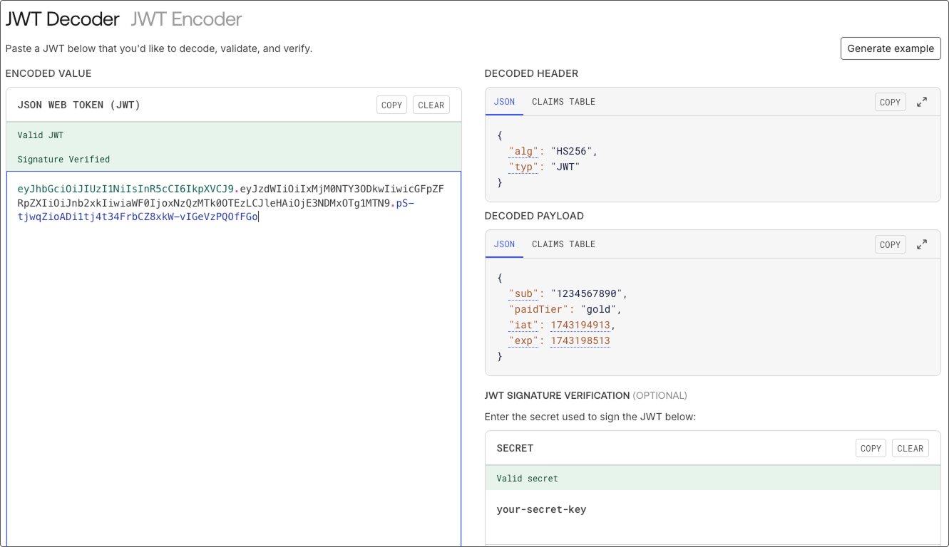 Using JWT decoders to verify JWT.