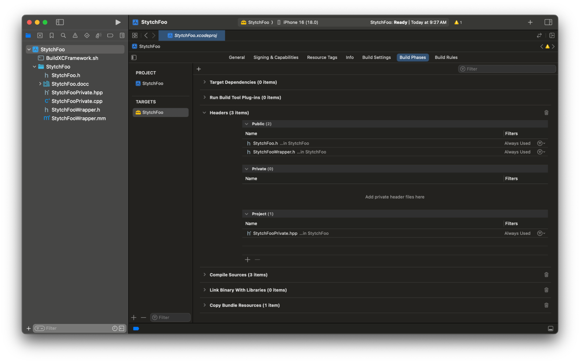 Drag StytchFooWrapper.h file into the public section