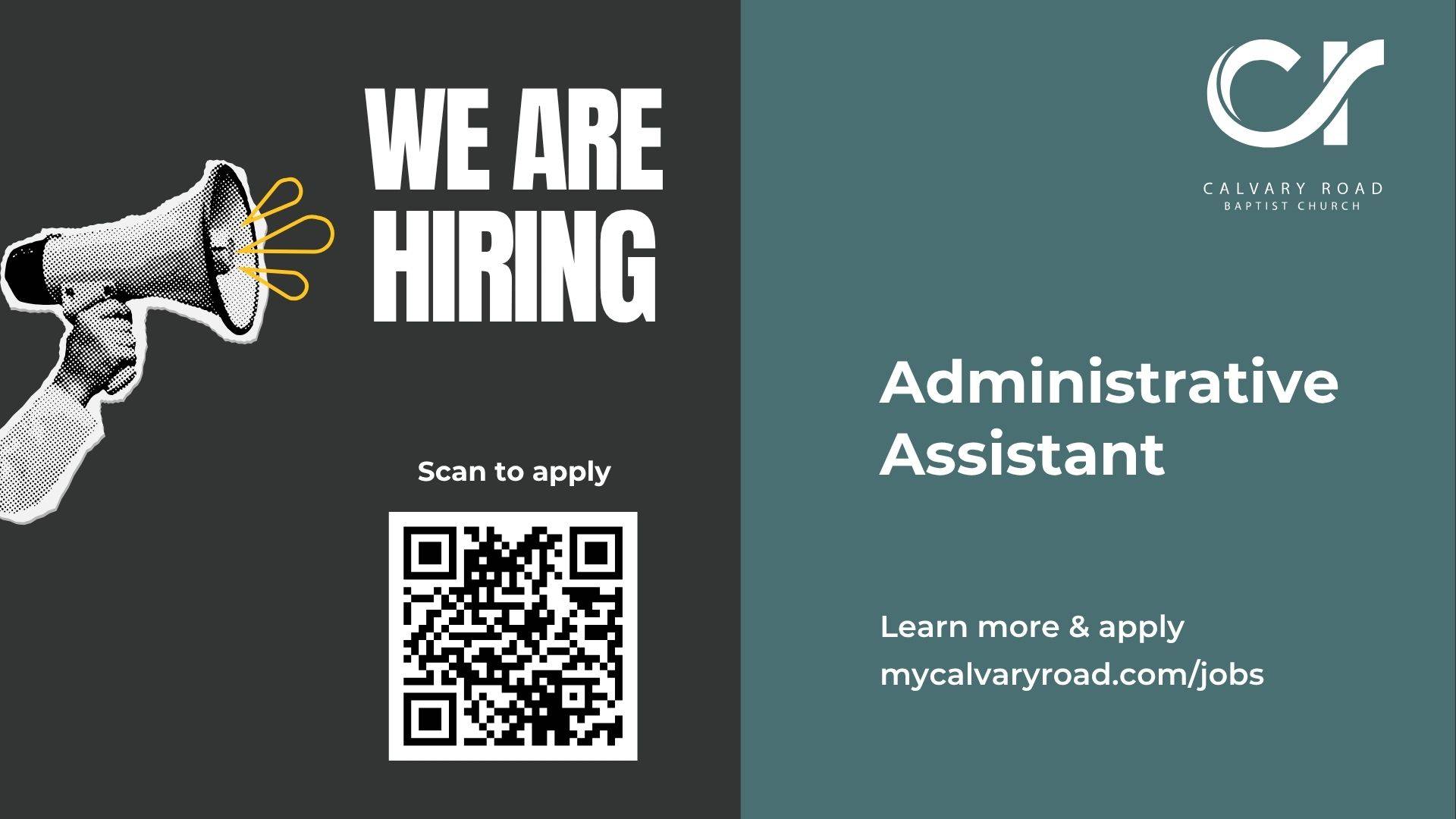 Calvary Road Baptist Church is hiring an Administrative Assistant. Learn more and apply at mycalvaryroad.com/jobs.