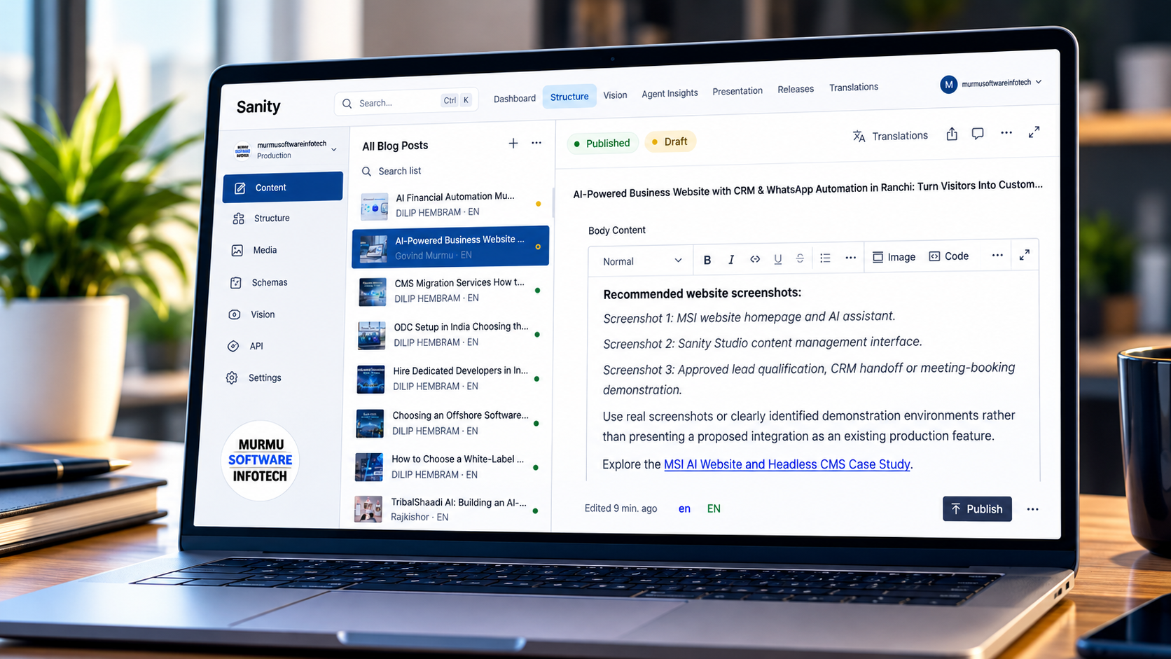 Laptop displaying Murmu Software Infotech’s Sanity Studio CMS interface with blog management, an AI-powered business website article editor, and content publishing controls.