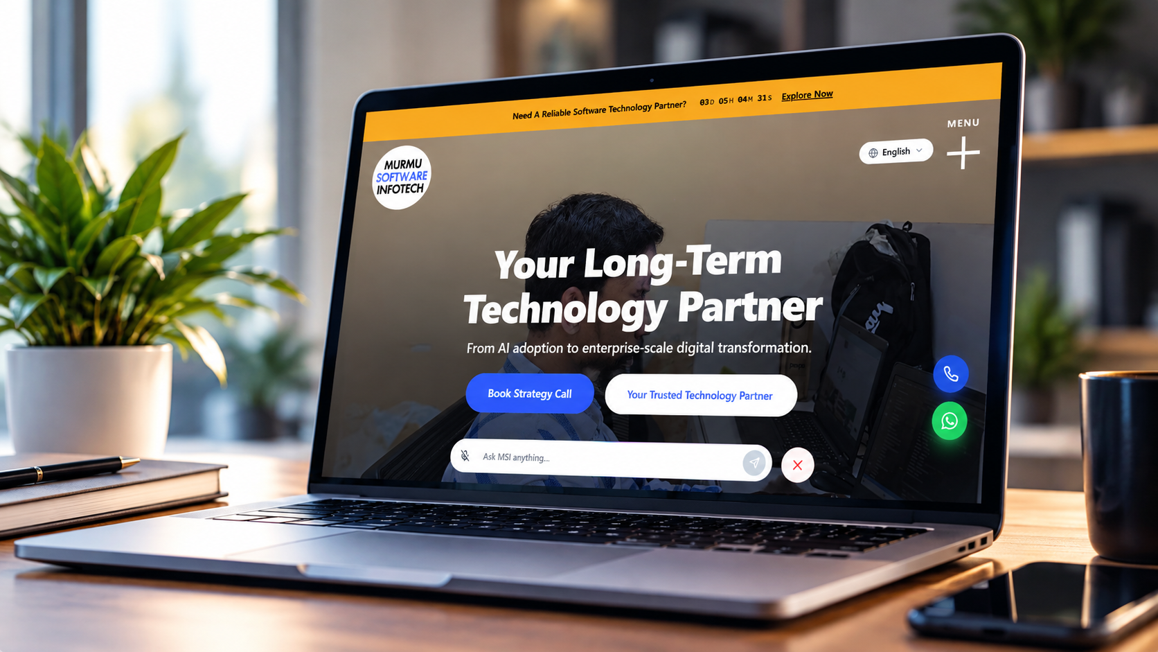 Murmu Software Infotech website homepage displaying an AI assistant chatbot, software development services, Book Strategy Call button, and WhatsApp contact option for customer enquiries.