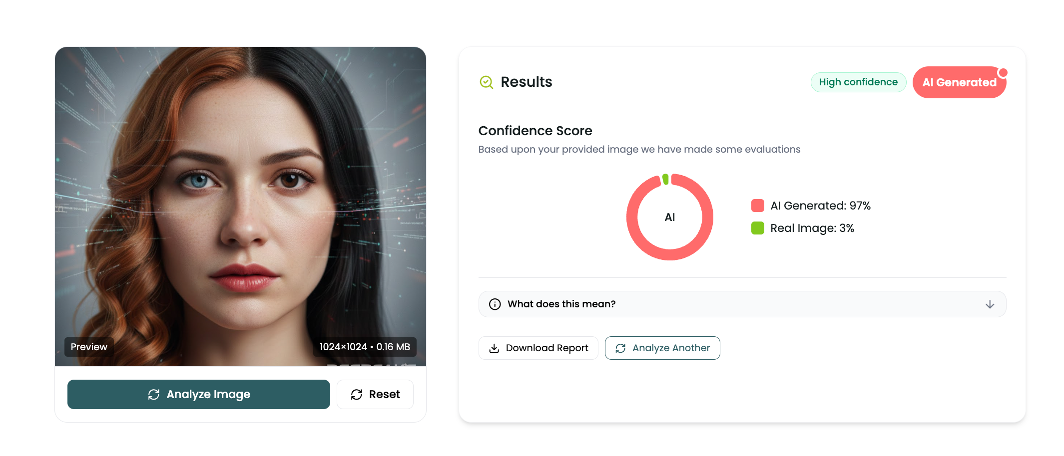 GPTOne flagging a photoreal AI-generated portrait as AI Generated at 97% confidence