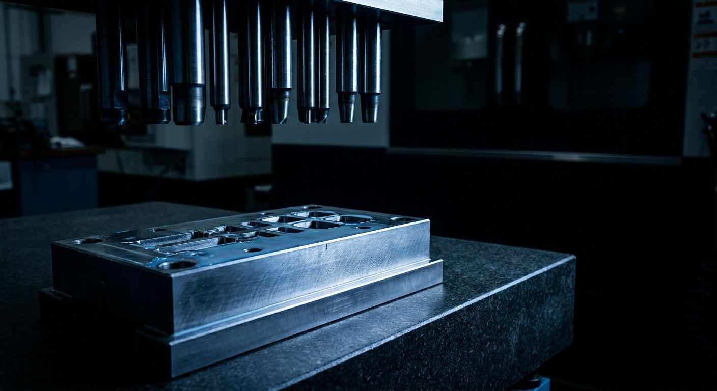Precision tool and die set — a hardened steel progressive die block with wire-EDM-cut openings and matching carbide punches on a machinist's surface plate