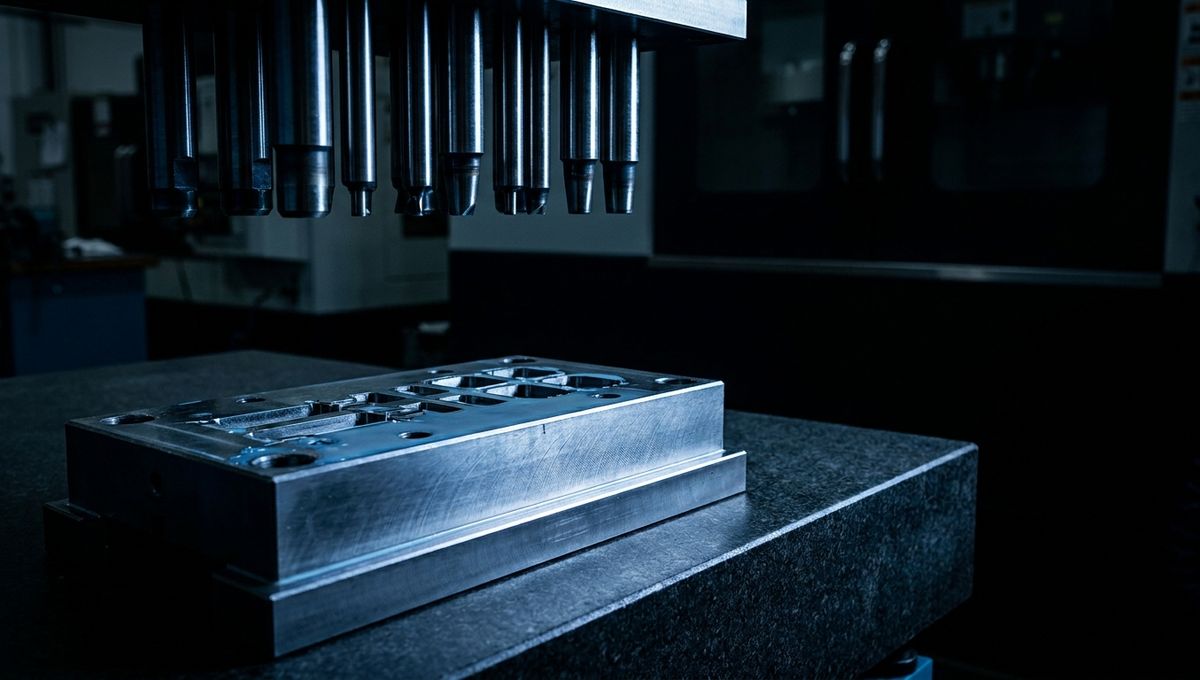 Precision tool and die set — a hardened steel progressive die block with wire-EDM-cut openings and matching carbide punches on a machinist's surface plate