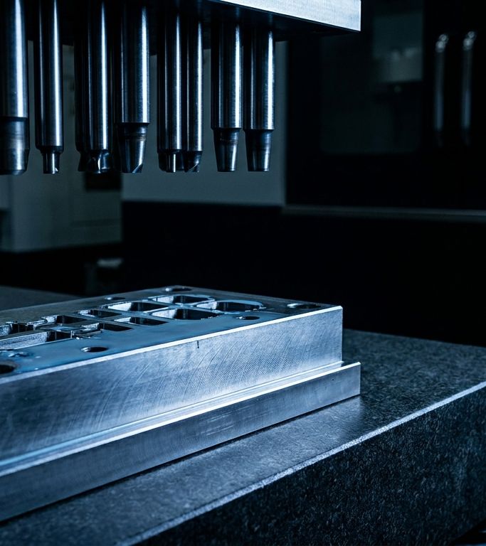 Precision tool and die set — a hardened steel progressive die block with wire-EDM-cut openings and matching carbide punches on a machinist's surface plate