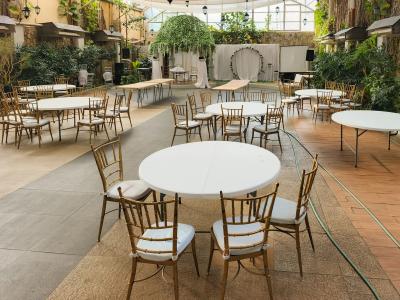 Empty elegant indoor venue setup with round tables and chairs, greenery, and soft lighting