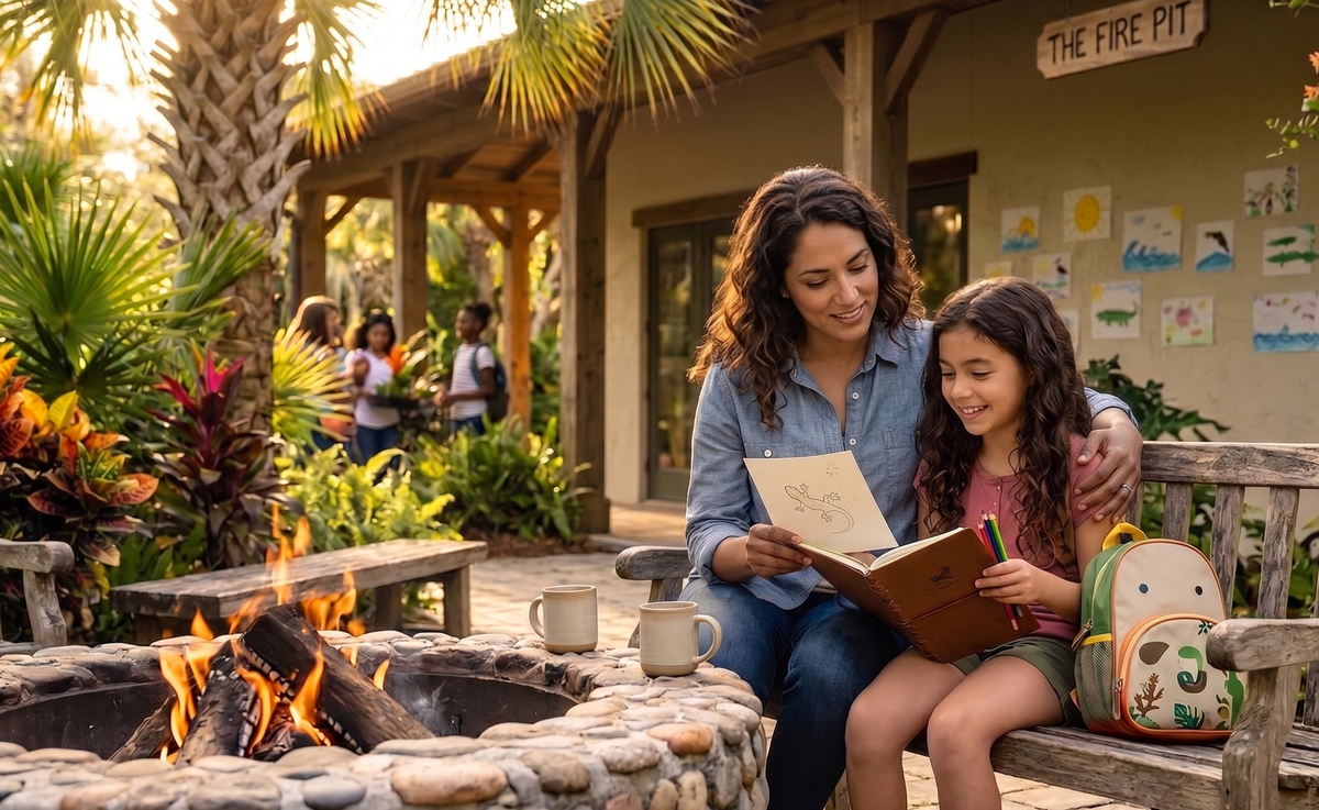 A smiling Hispanic mother and daughter review a school project by a fire pit at a tropical outdoor learning campus.