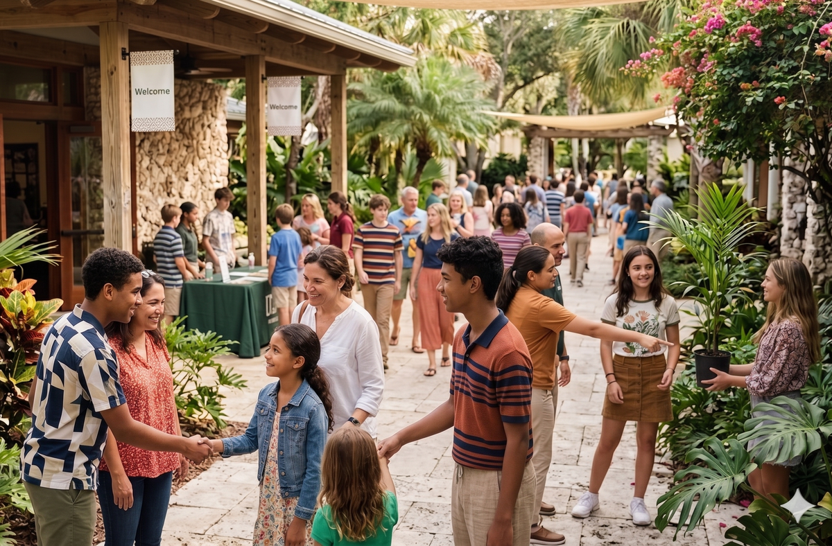 Diverse families and students gather for an outdoor community event in a lush tropical garden courtyard. On the left, families are shaking hands and interacting.