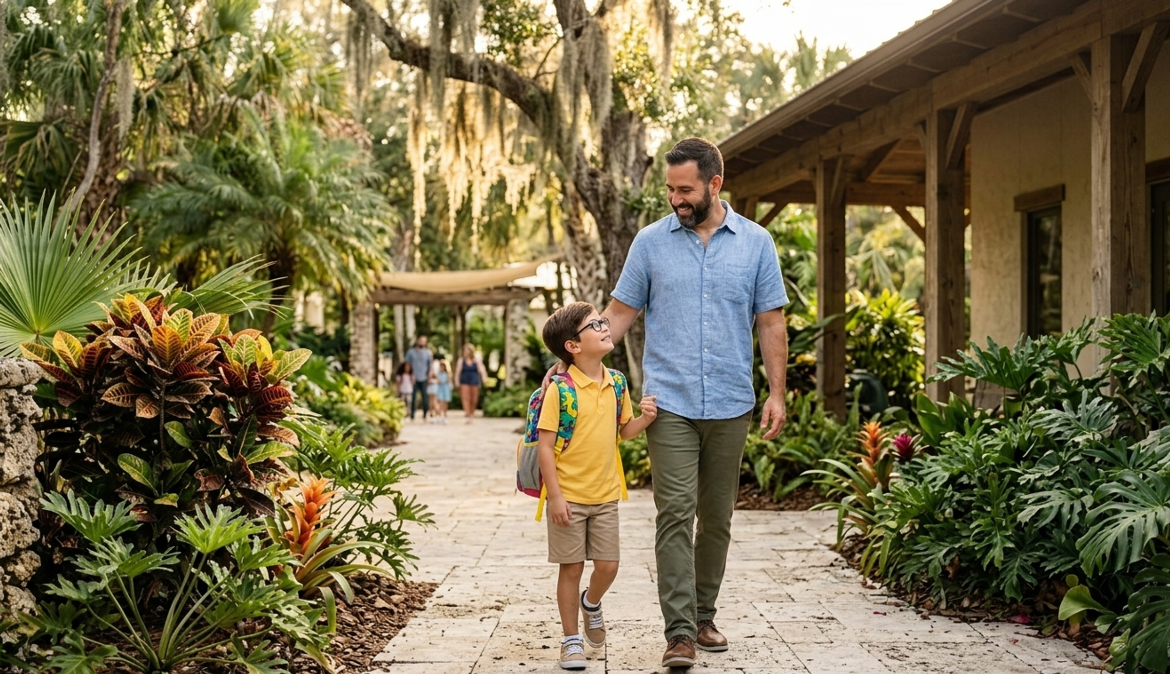 A smiling father and young son with a backpack walk together along a lush, tropical stone pathway toward a rustic building.