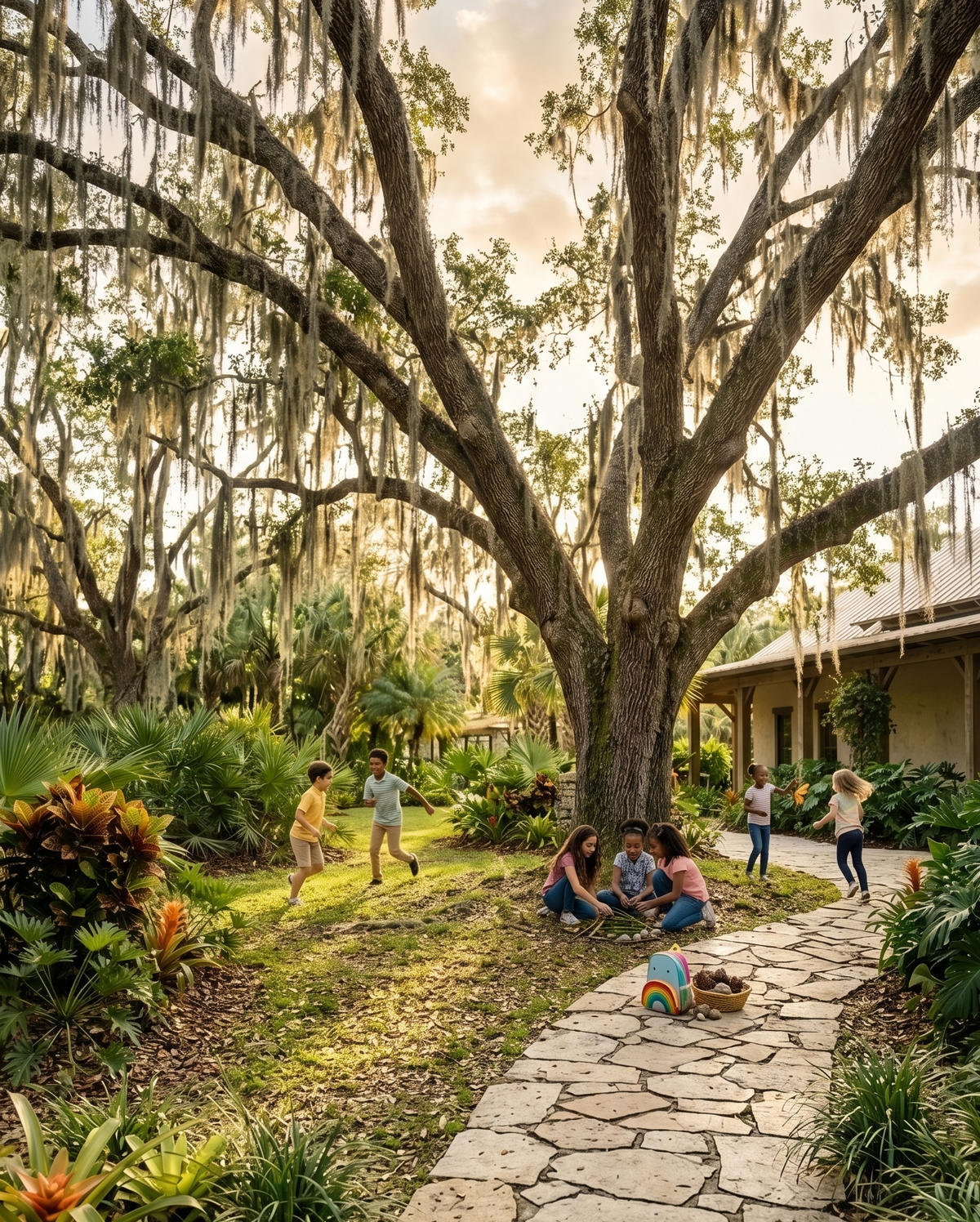 A diverse group of students playing outside under a large Florida oak tree on a lush, tropical homeschool campus.