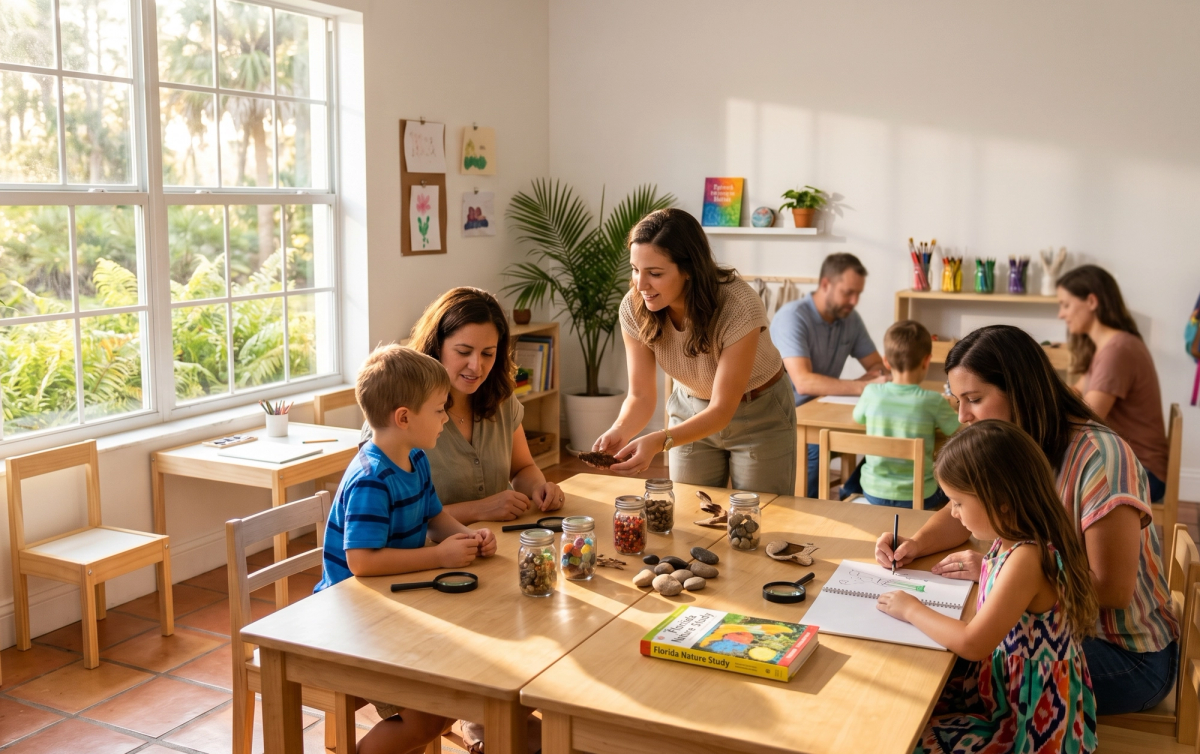 Homeschool families and a teacher engage in a hands-on nature study at wooden tables in a bright, sunlit classroom.