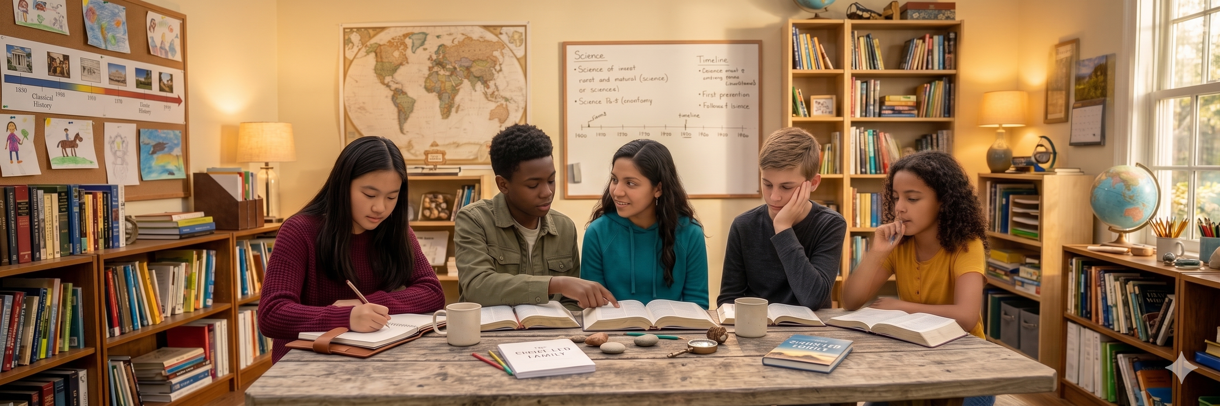 Five diverse teenage students are gathered around a weathered wooden table in an outdoor garden cloister, intensely studying from open Bibles. Textbooks, notebooks, coffee mugs, and study tools are spread on the table. The background features stone arches and ancient trees under golden sunlight.