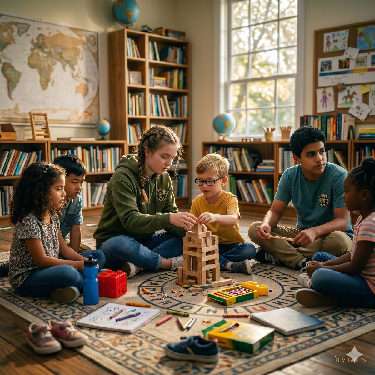 A diverse group of high school and elementary students collaborate to build a wooden block tower, sitting together in a circle on a patterned rug in a warm, sunlit library classroom.