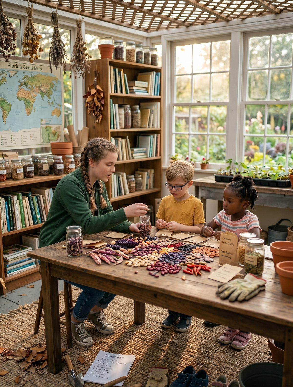 A teenage girl and two younger children sit at a large wooden table sorting colorful seeds, beans, and pods in a sunlit, book-filled potting shed.
