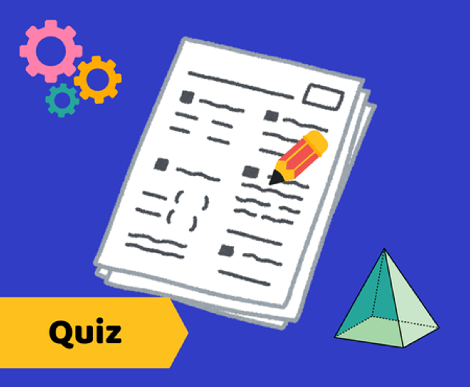 Quiz d'habiletés logiques pour préparation aux examens d'admission. Illustration avec des engrenages, une pyramide et des papiers d'examen.
