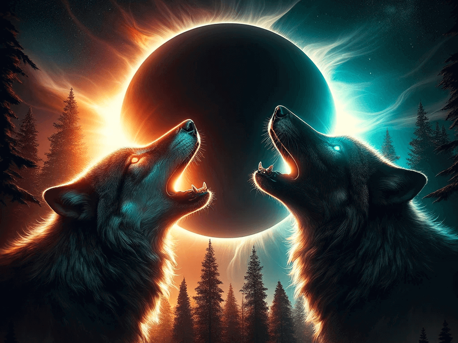 Lors d'une éclipse, Sköll et Hati, les loups de la mythologie nordique, pourchassent le Soleil.