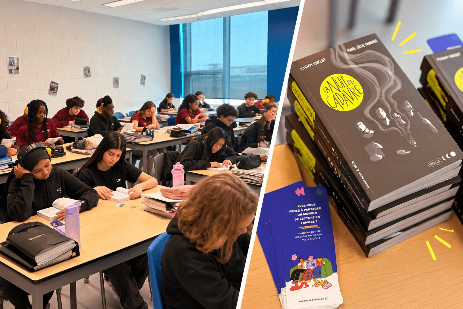 classe premier secondaire qui lit un livre la nuit du cadavre