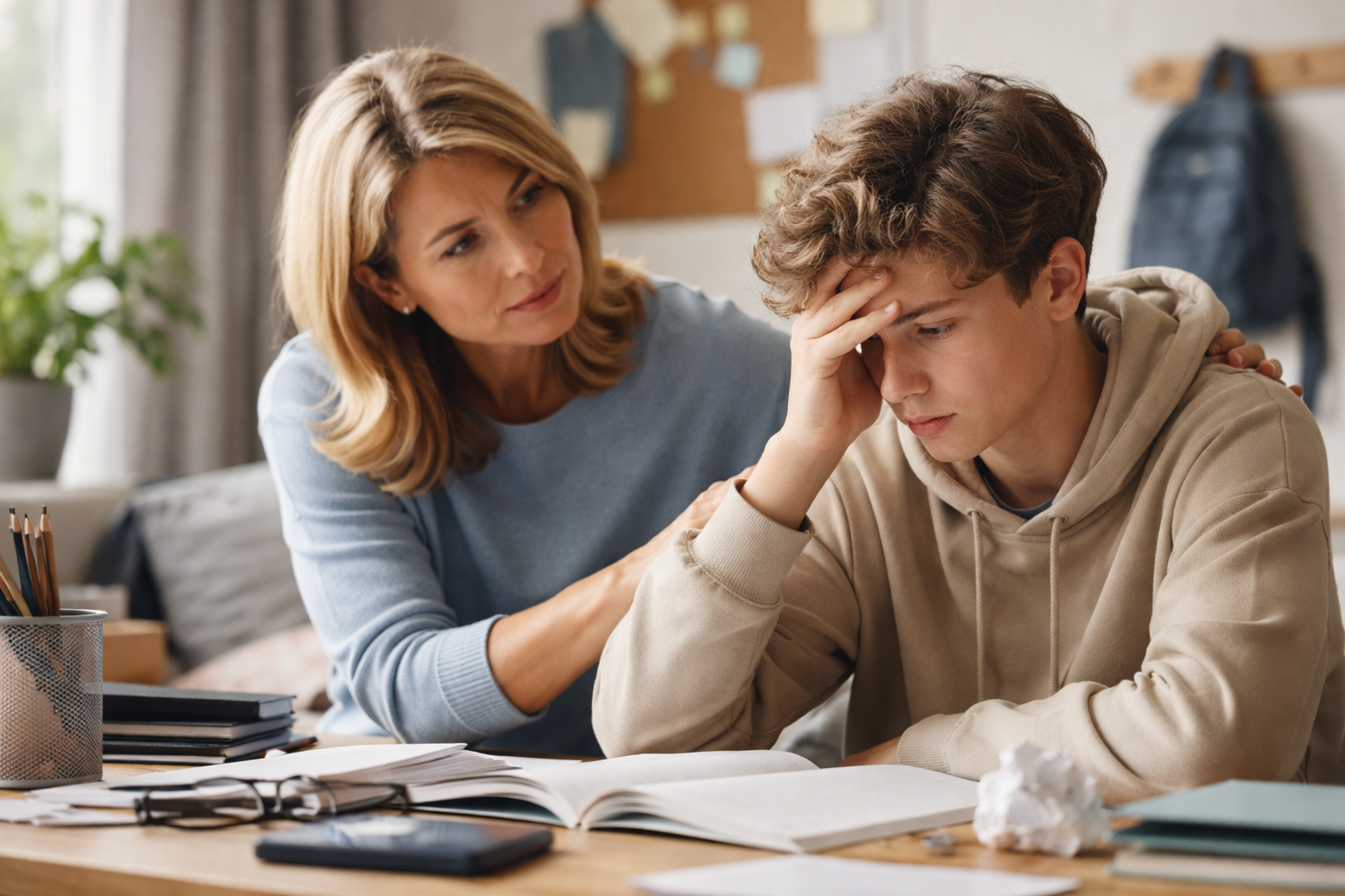 Parent réconfortant son adolescent stressé devant ses devoirs à la table de la cuisine, pendant une période d’évaluations scolaires.