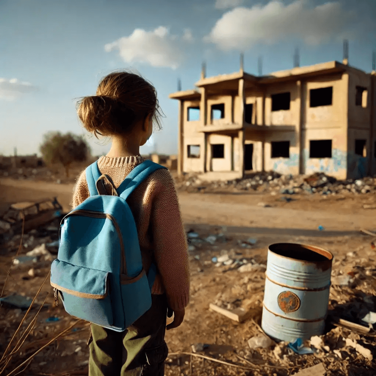 enfant-fille-sac-a-dos-bleu-devant-ecole-detruite-conflit