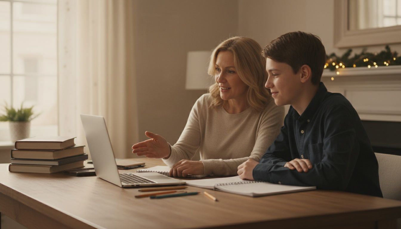 Mère et fils adolescent devant un ordinateur portable durant une séance de tutorat.