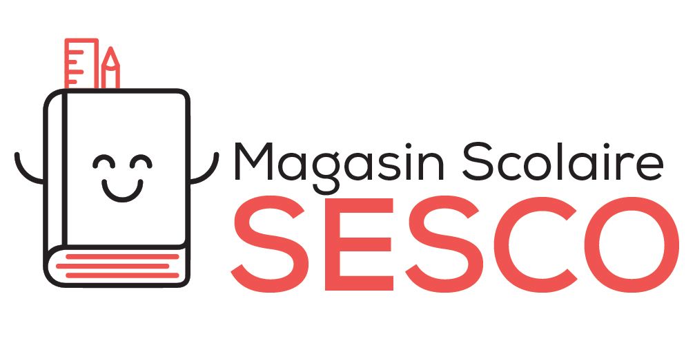 Logo rouge et noir de Magasin Scolaire SESCO avec un livre souriant.
