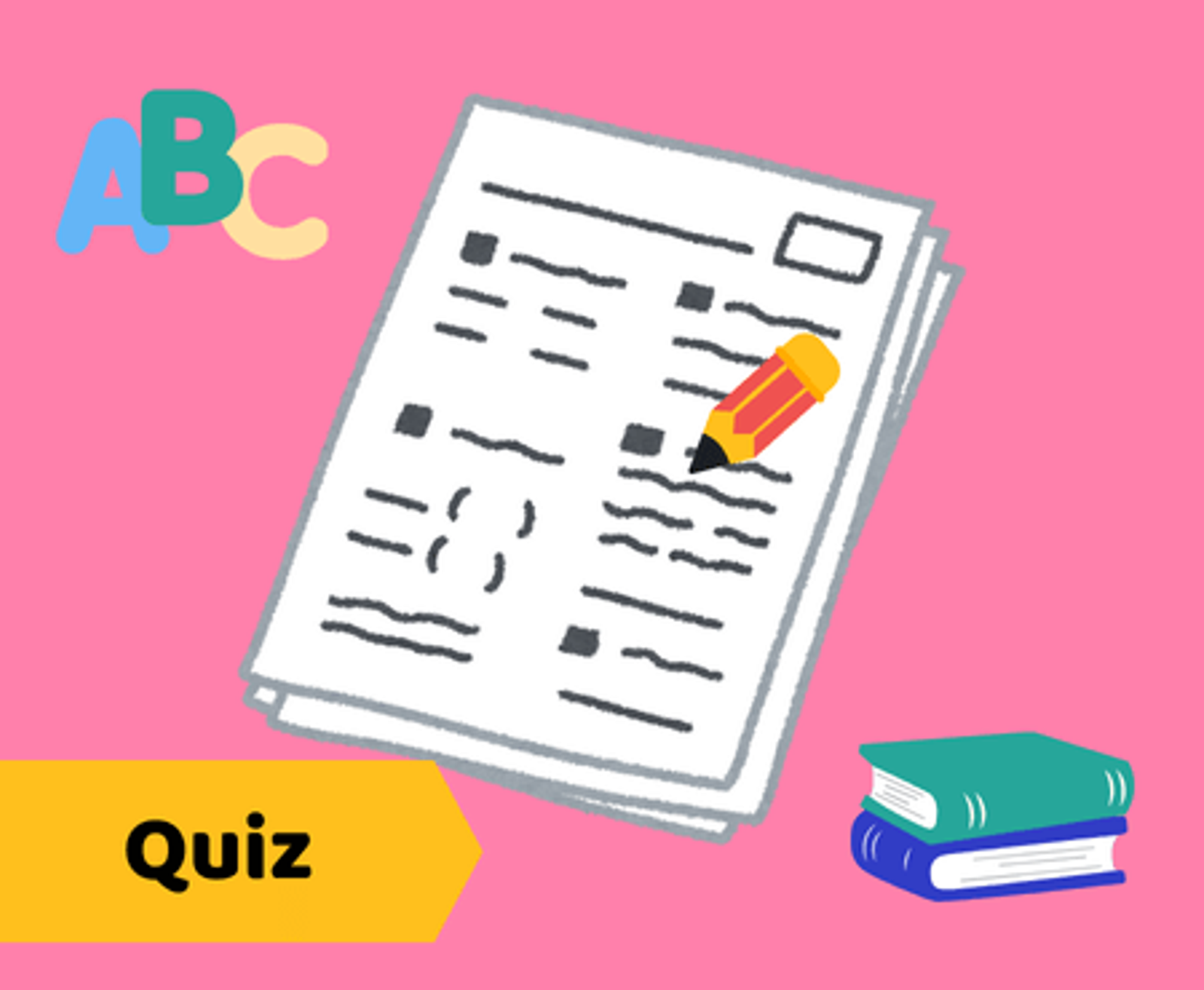 Quiz de français pour préparation aux examens d'admission. Illustrations de livres, de lettres ABC et de feuilles d'examen.