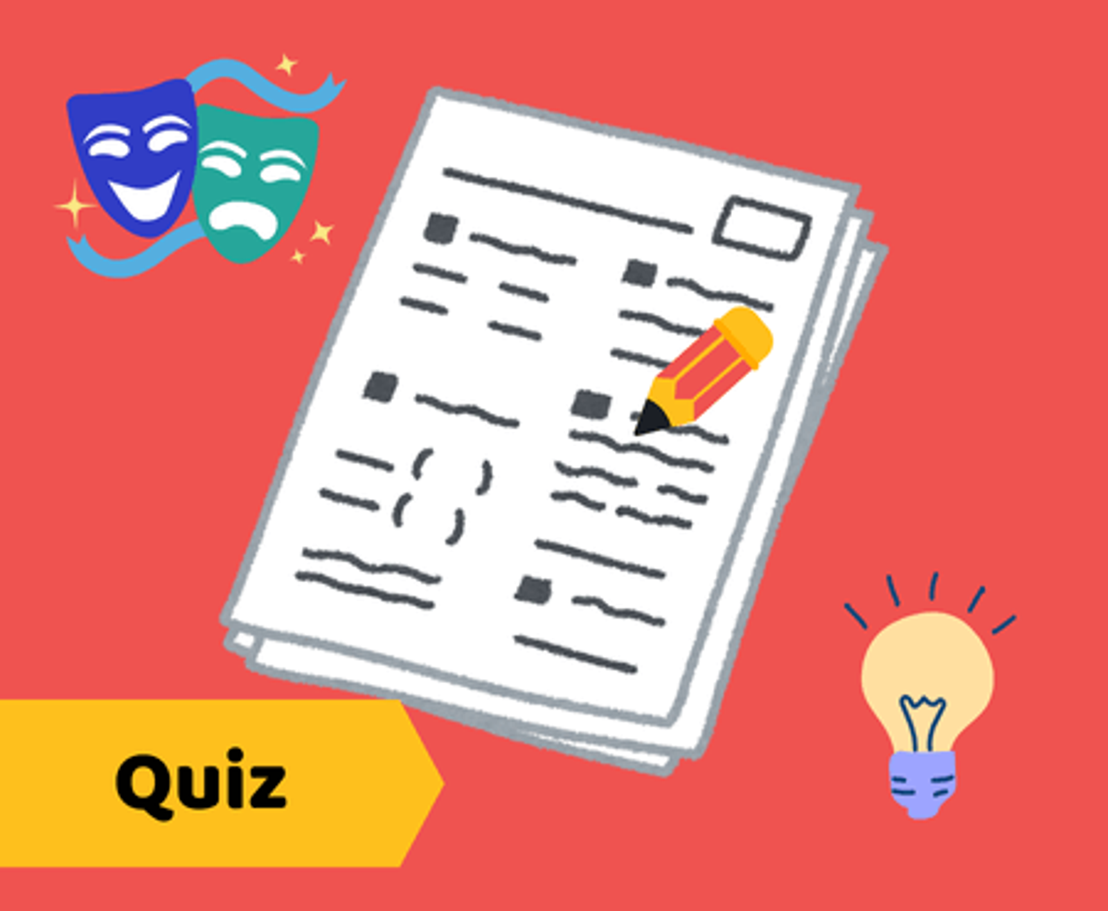 Quiz de culture générale pour préparation aux examens d'admission. Illustration avec des masques de théâtre, une ampoule et des papiers d'examen.