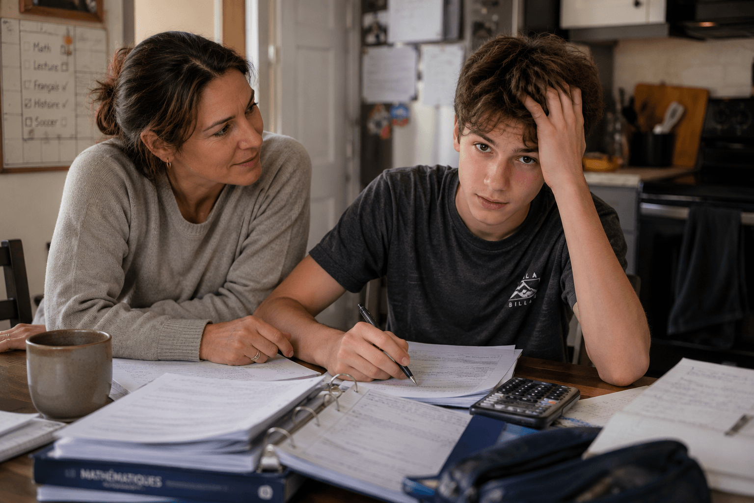 Parent et adolescent de secondaire 3 discutant de son choix entre les séquences de mathématiques CST, TS et SN à la table de cuisine
