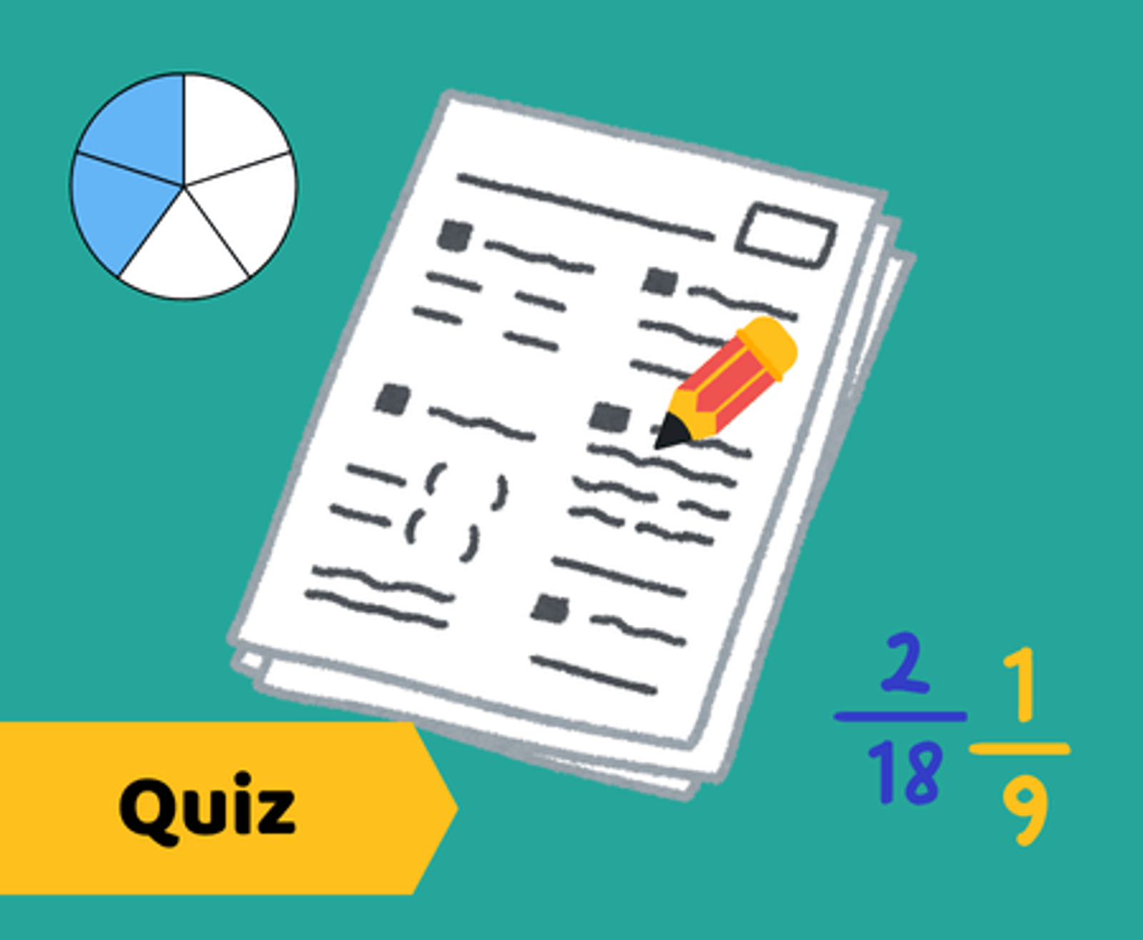 Quiz de mathématiques pour préparation aux examens d'admission. Illustration avec fractions, diagramme circulaire et papiers d'examen.