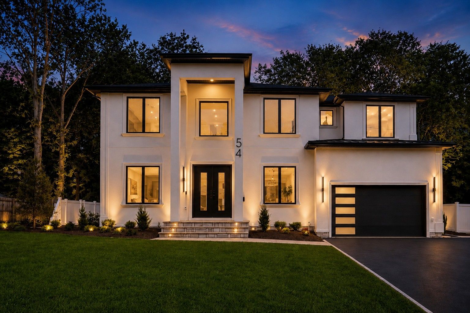 54 Martin Rd at dusk: white two-story house with lit windows and a two-car garage