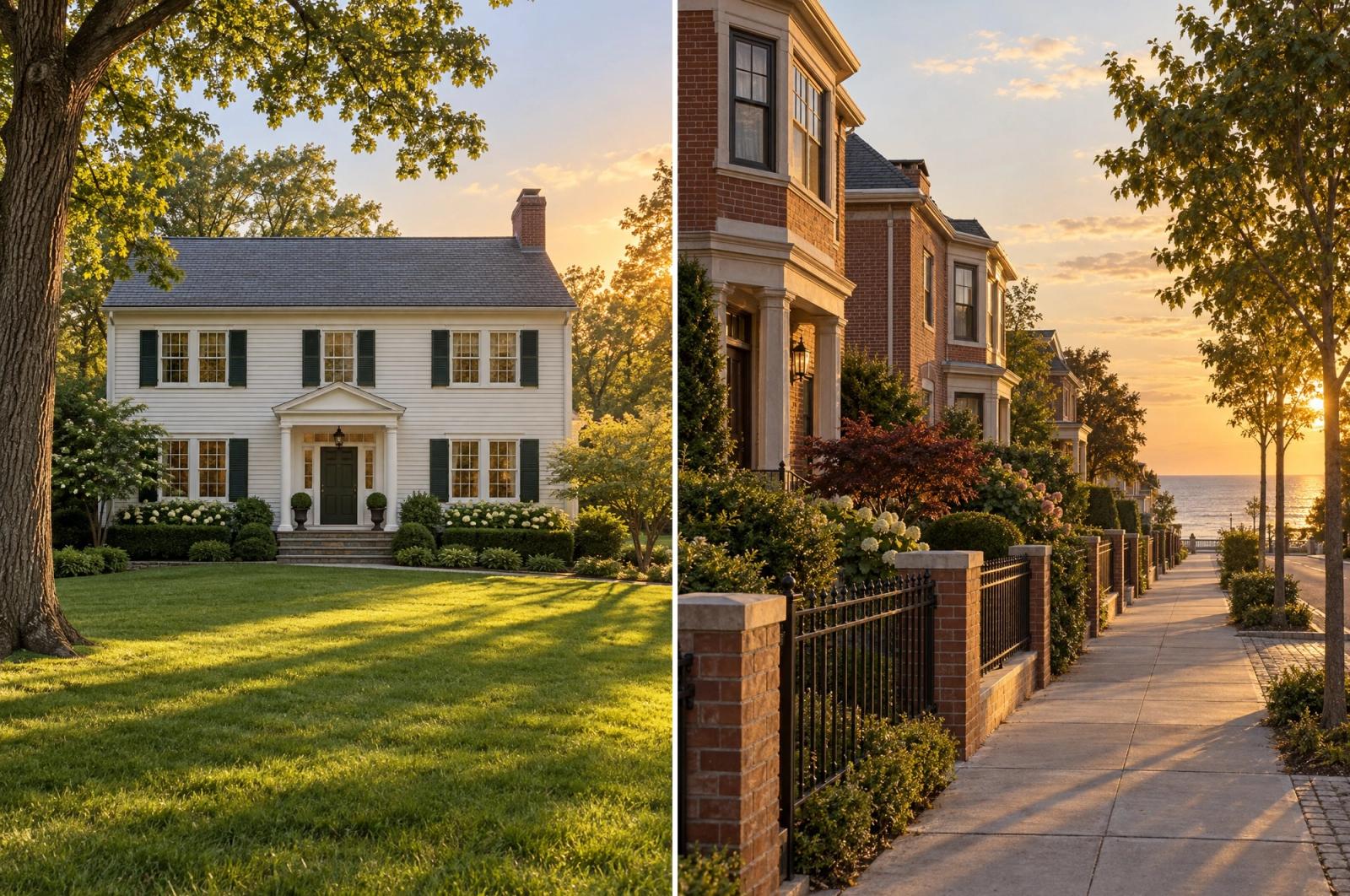 Illustrative image: a suburban colonial and a city street in the same evening light