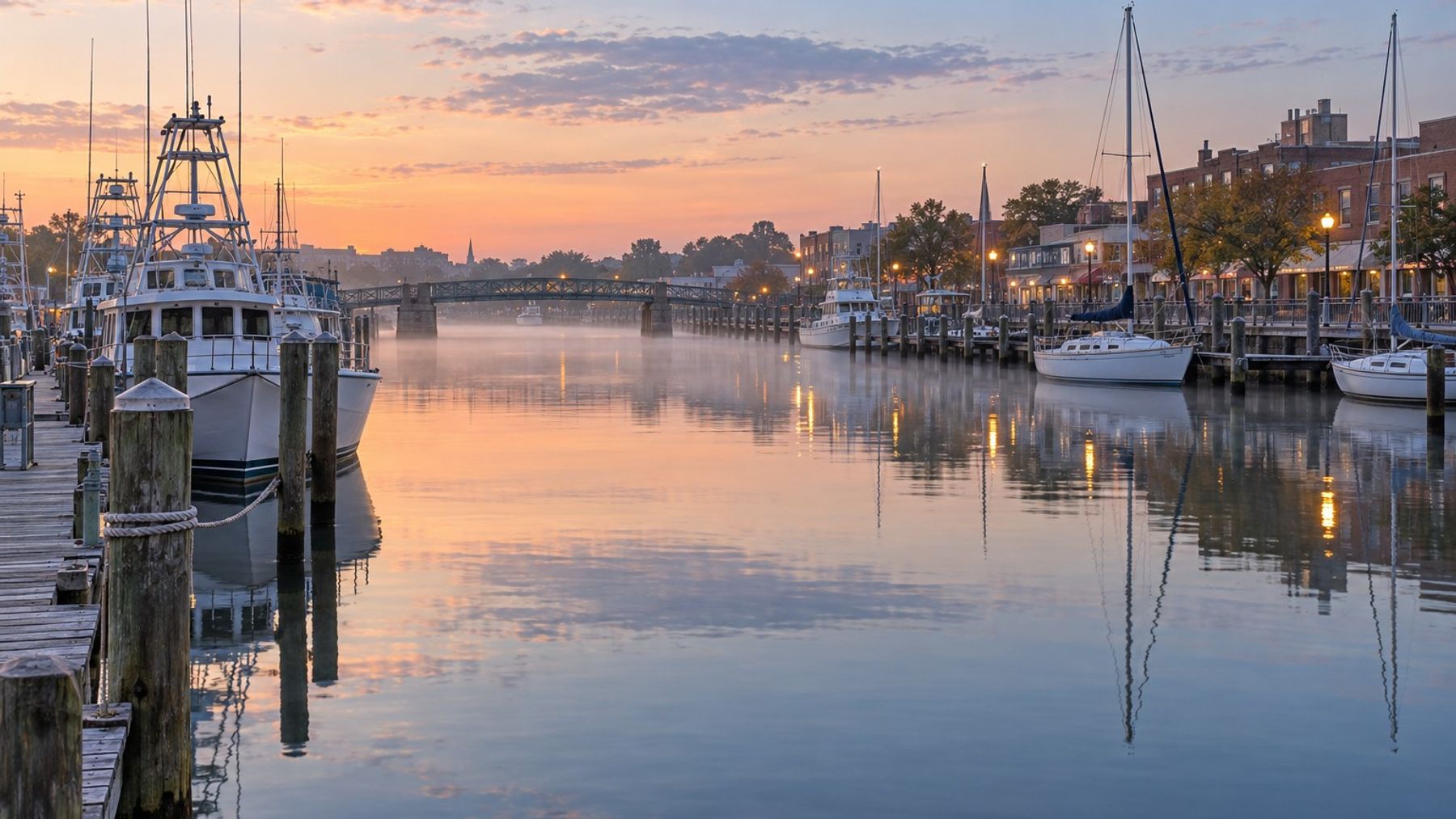 Illustrative image: waterfront piers at dawn