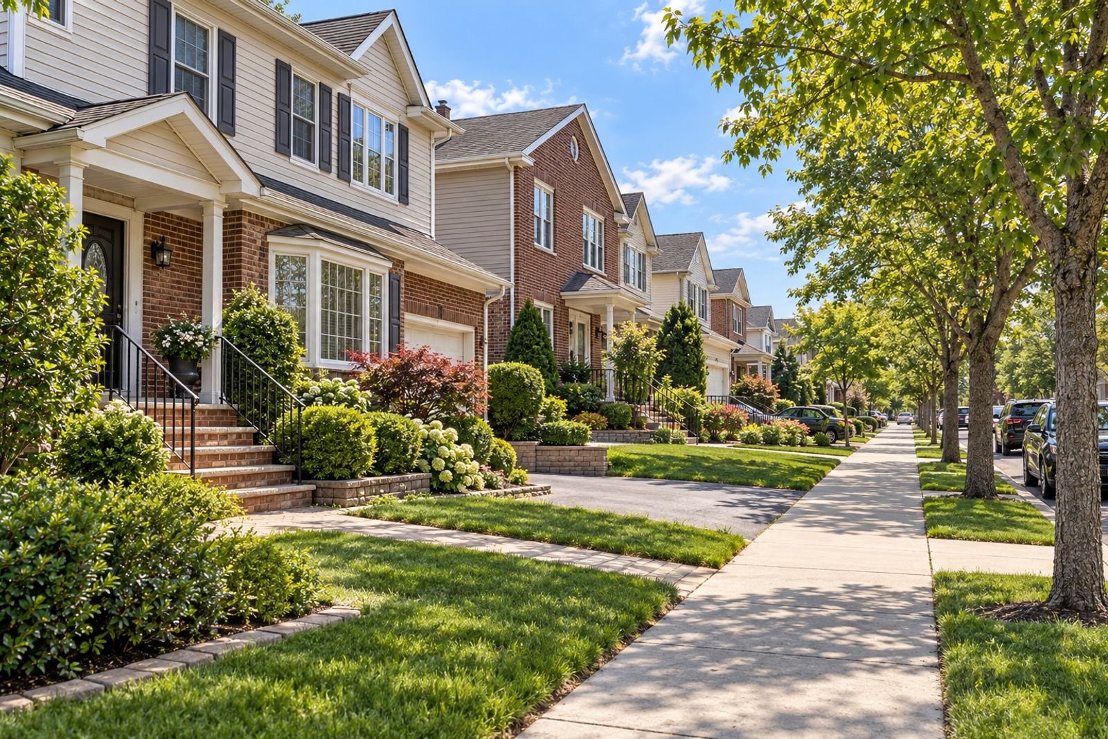 Illustrative image: a residential street with colonial houses, lawns and driveways