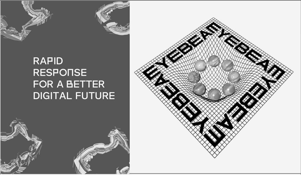 A black-and-white poster with the words "Rapid Response For a Better Future", with abstract lines and an illustration of a group of spheres on a grid. 