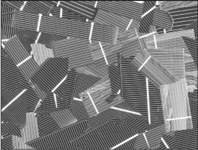 A black-and-white image of many rectangles stacked on top of each other, with white lines running through them.