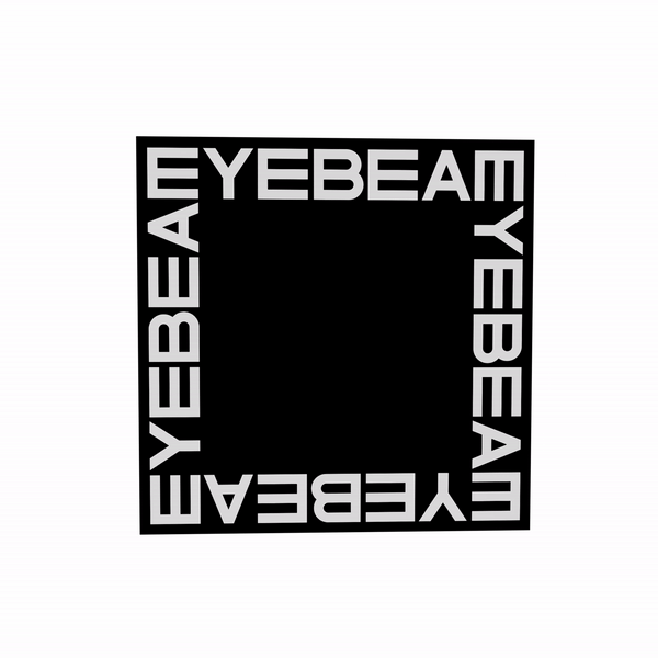 A rotating cube with the word "eyebeam" on it.