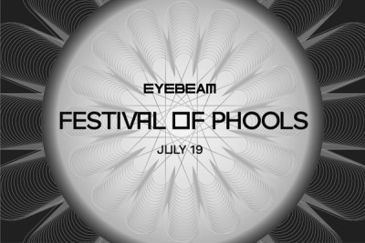 A fractal illustration in yellow and blue, with "Festival Of Phools, July 19" at its center.