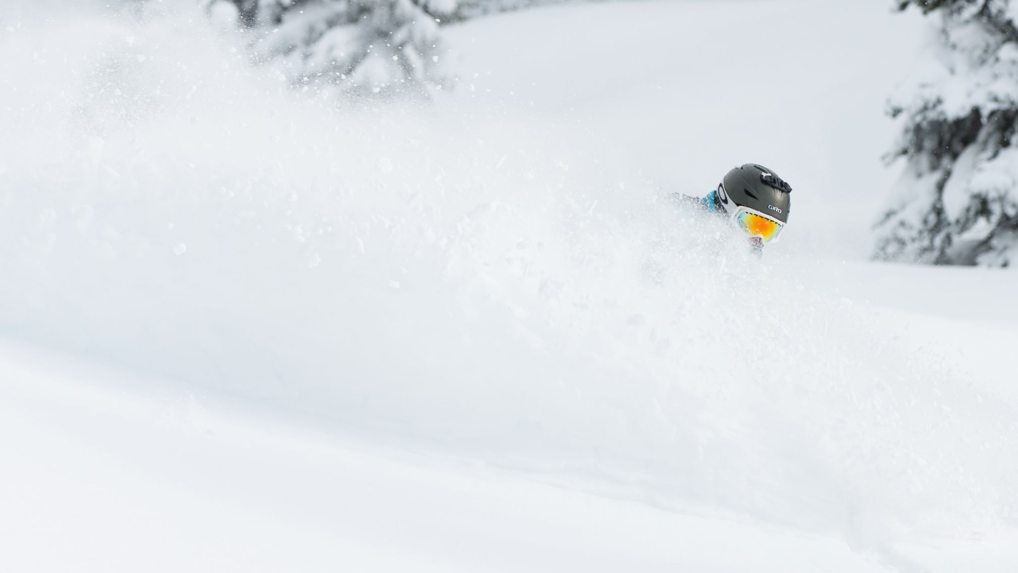 Person skiing or snowboarding through deep powder snow, wearing a helmet and goggles, with snow kicked up around them and snow-covered trees in the background.