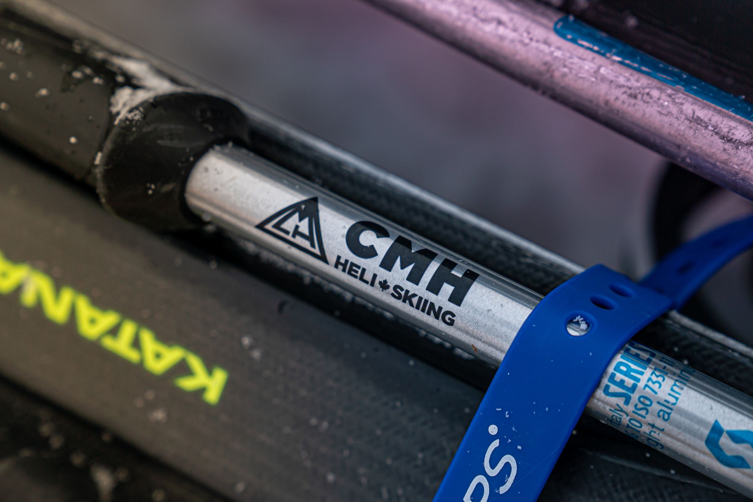 a close-up on the logo and nameplate of the ski pole showing the official gear provided for a cmh heli-skiing adventure