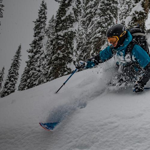 Skier in chest deep snow