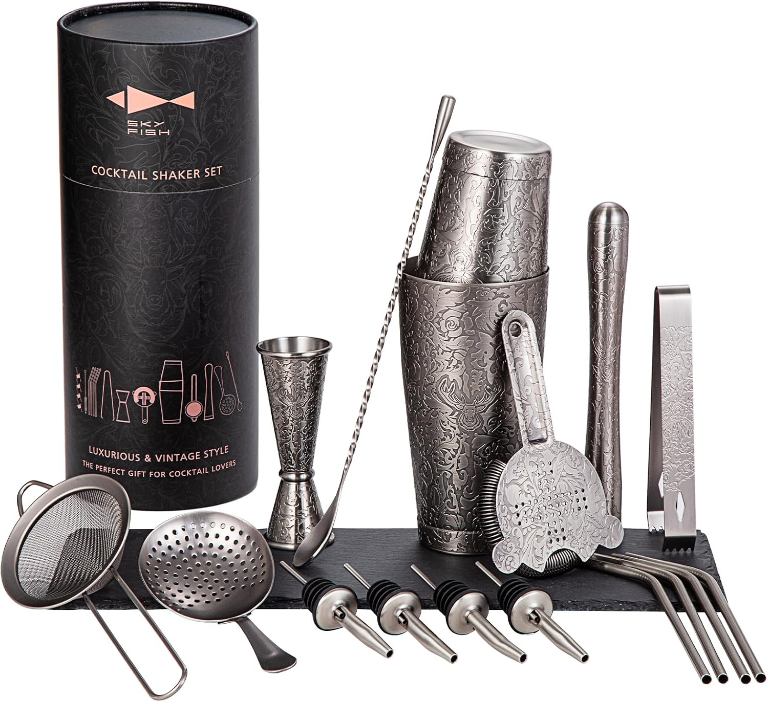 Kit de barman premium SKY FISH 18 pièces : inox gravé 3D