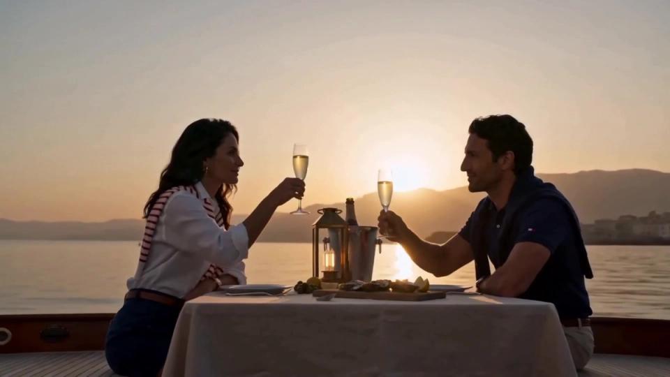 Maritime fashion — two people raising glasses aboard a yacht at sunset; frame from the film