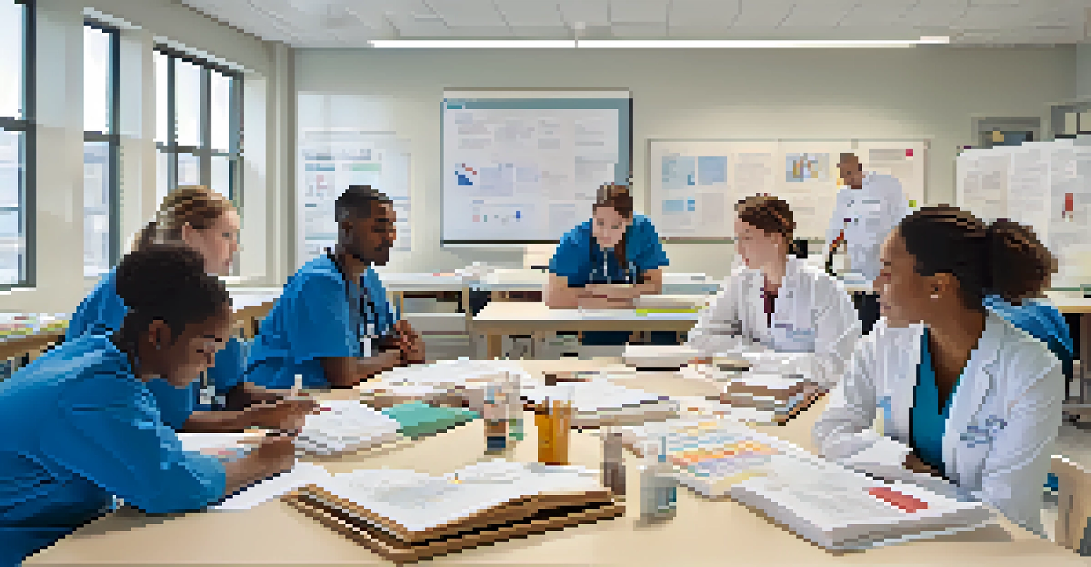 A diverse group of healthcare students collaborating in a bright classroom, surrounded by medical resources.